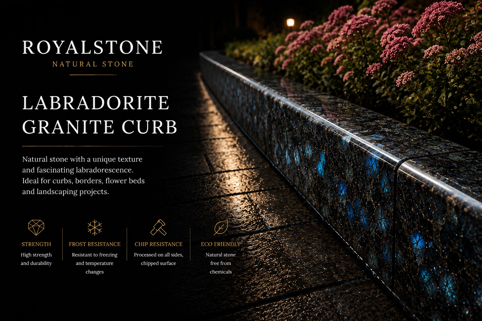 Labradorite granite kerb in a landscaped project
