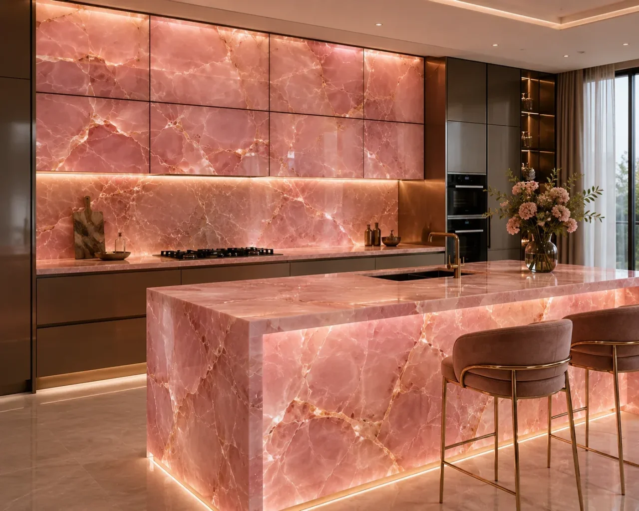 Backlit pink onyx interior features