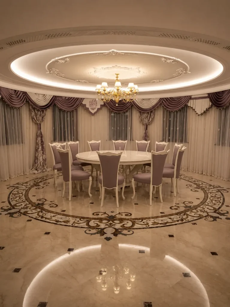 Классический интерьер с мраморным полом, камином и кухней